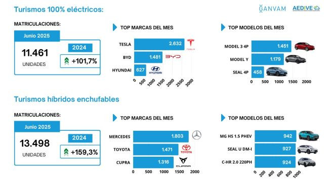 Matriculaciones vehiculos electrificado  junio 2025 aedive ganvam marcas 2