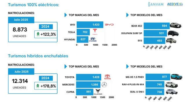 Matriculaciones turismos electrifcados julio 2025 aedive ganvam modelos 2